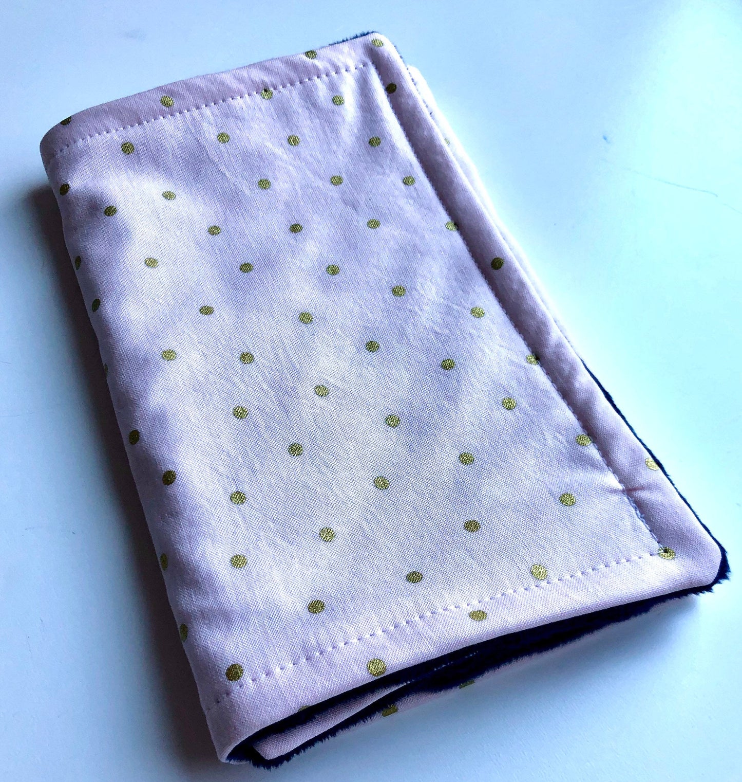 3PLY Luxe Baby Burp Cloth and Lovey - Light Pink with Gold Dot Print with Blue Minky Dot