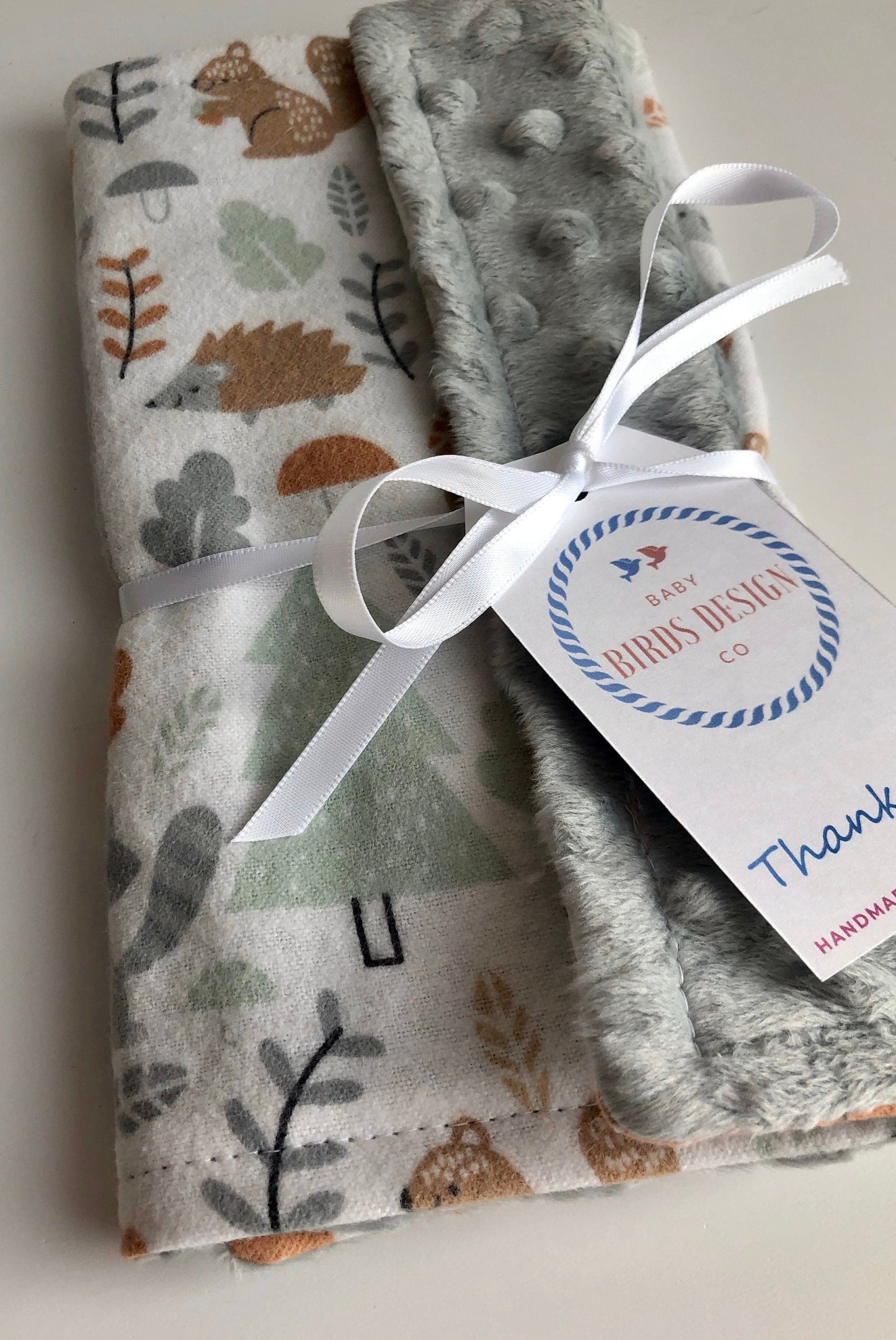 Luxury Baby Burp Cloth and Lovey - Baby - Woodland Forest & Animal Cotton Flannel – Grey Minky Dot