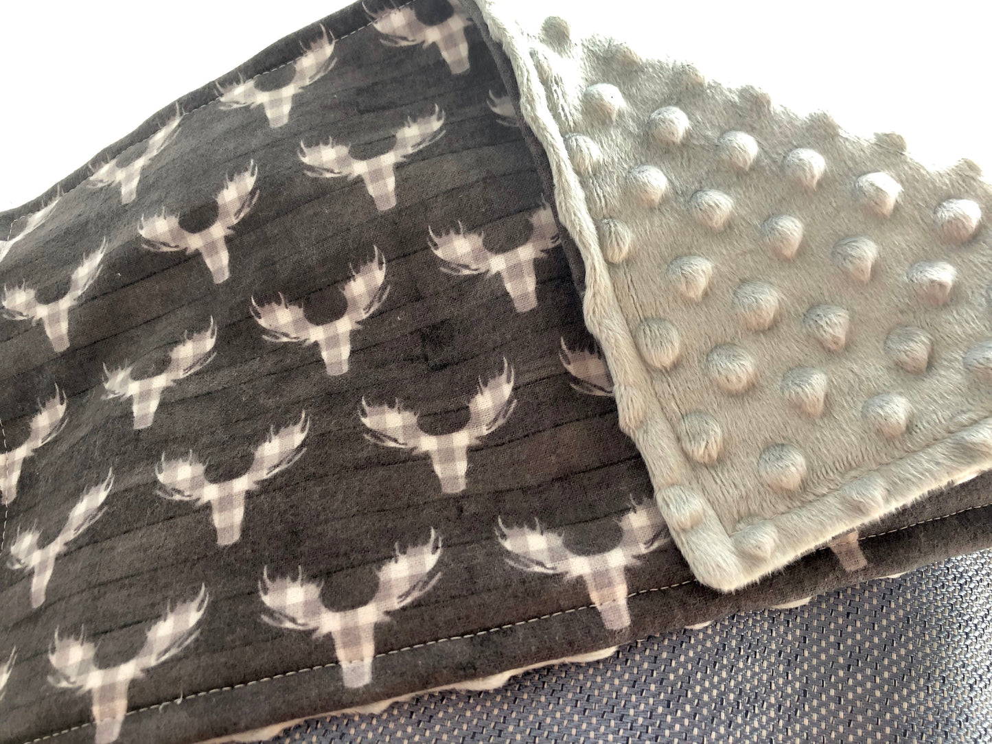 Luxury Baby Burp Cloth and Lovey - Baby - Grey Deer Antler Print Cotton Flannel – Grey Minky Dot