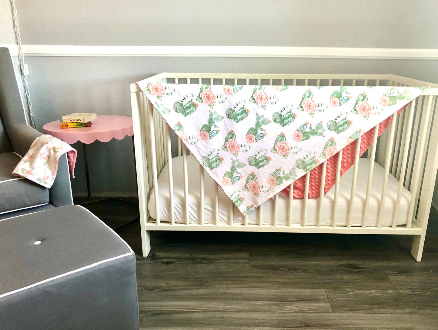 Welcome Baby Gift Set ~ Cactus Rose Print ~ XL 40”x30” Luxury Blanket ~ 2 Luxury Burp Cloths ~ 6 Reusable Wipes ~