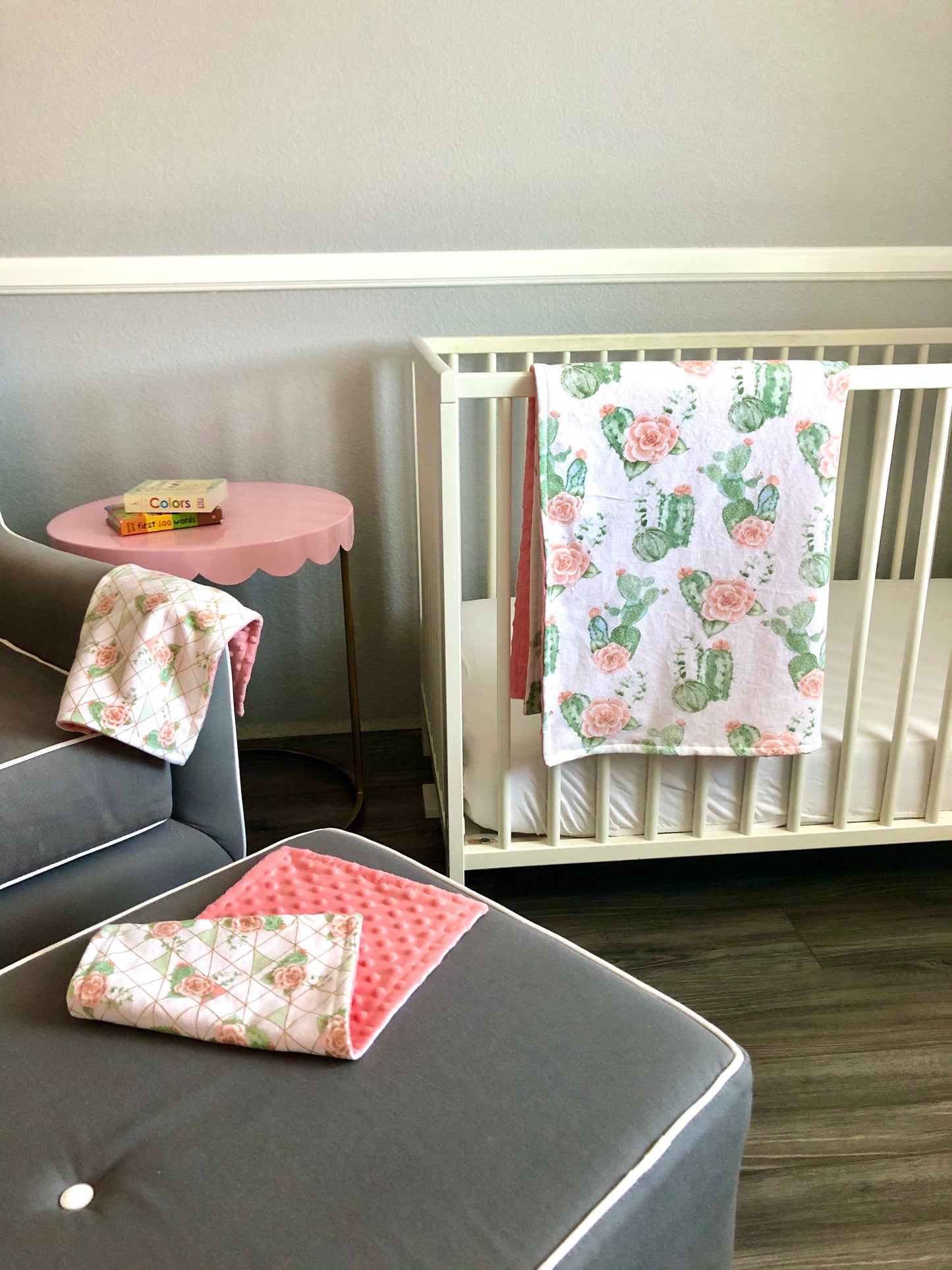 Welcome Baby Gift Set ~ Cactus Rose Print ~ XL 40”x30” Luxury Blanket ~ 2 Luxury Burp Cloths ~ 6 Reusable Wipes ~