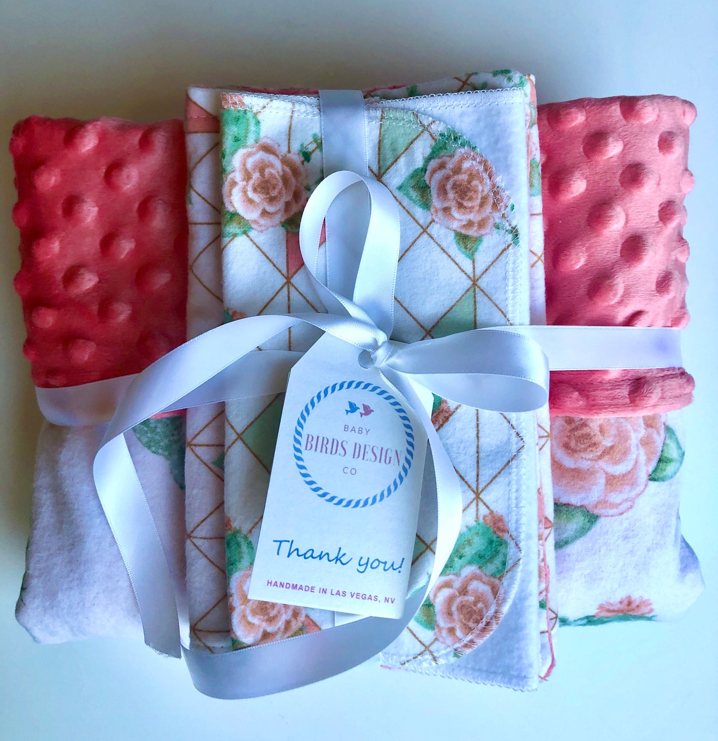 Welcome Baby Gift Set ~ Cactus Rose Print ~ XL 40”x30” Luxury Blanket ~ 2 Luxury Burp Cloths ~ 6 Reusable Wipes ~