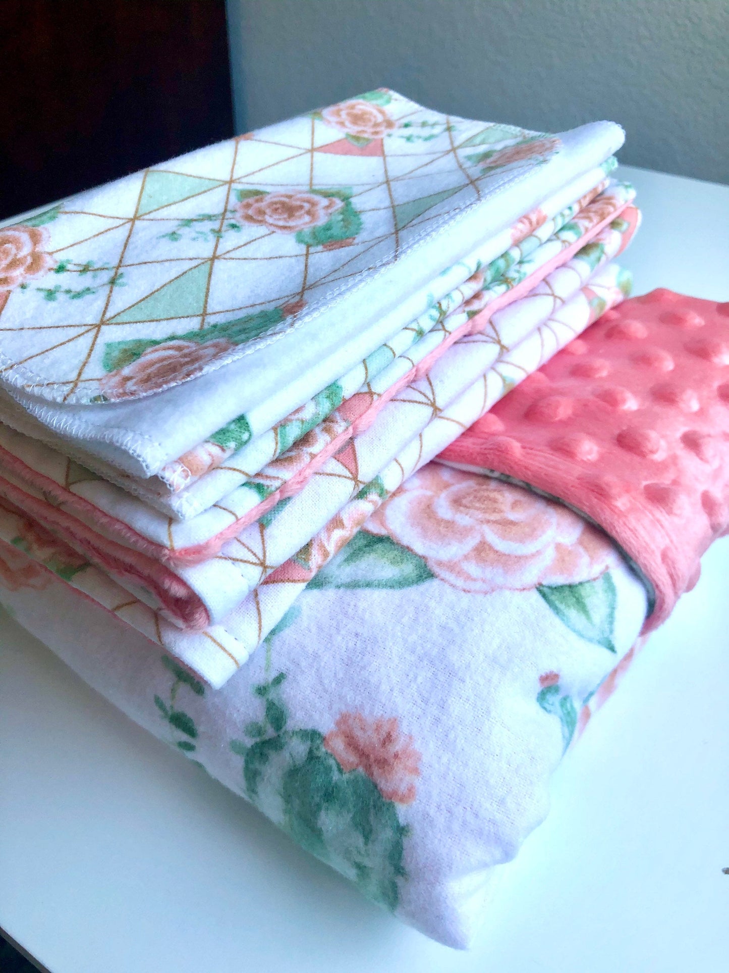 Welcome Baby Gift Set ~ Cactus Rose Print ~ XL 40”x30” Luxury Blanket ~ 2 Luxury Burp Cloths ~ 6 Reusable Wipes ~
