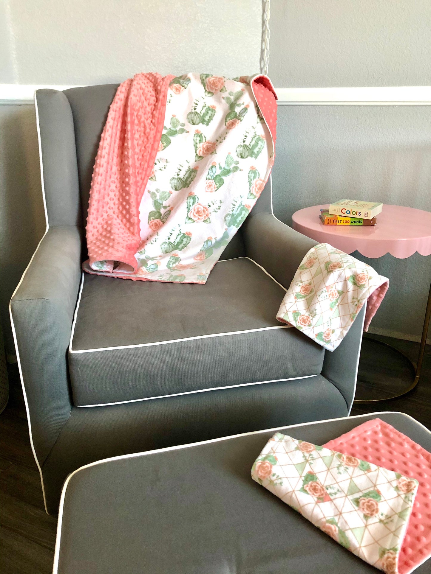 Welcome Baby Gift Set ~ Cactus Rose Print ~ XL 40”x30” Luxury Blanket ~ 2 Luxury Burp Cloths ~ 6 Reusable Wipes ~