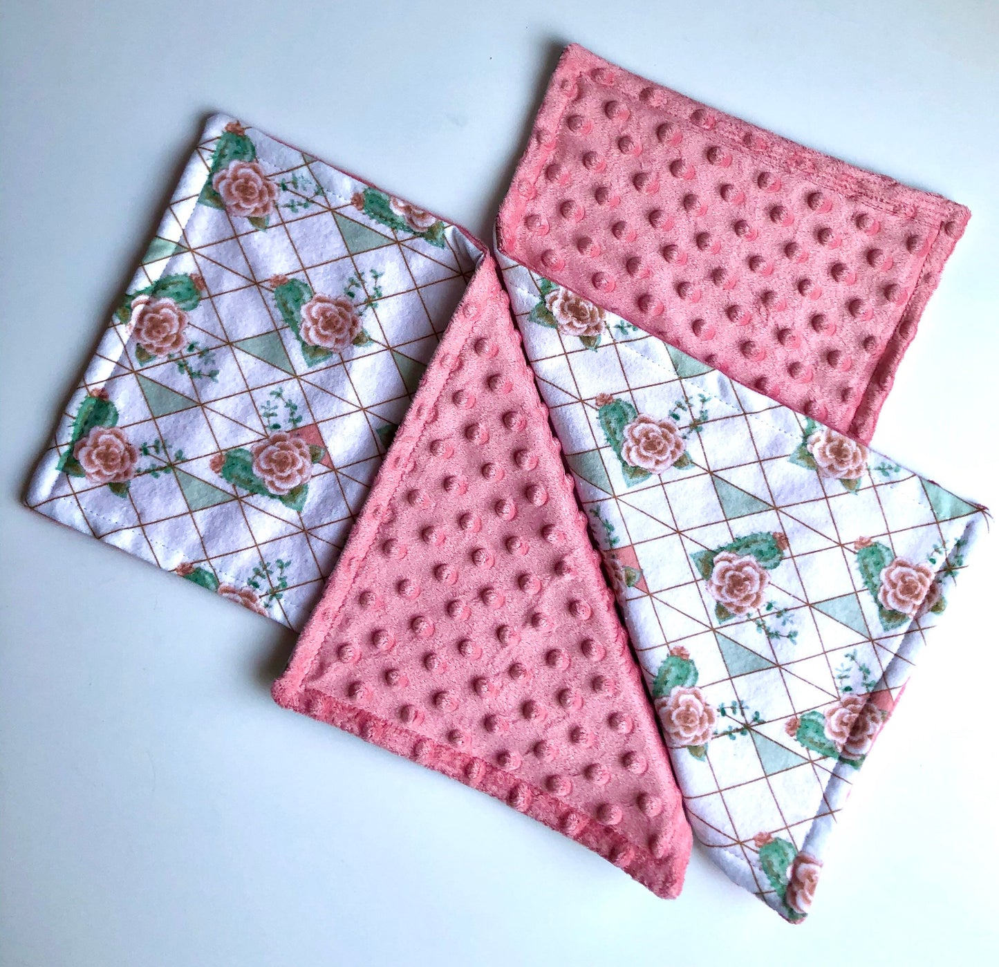 Welcome Baby Gift Set ~ Cactus Rose Print ~ XL 40”x30” Luxury Blanket ~ 2 Luxury Burp Cloths ~ 6 Reusable Wipes ~