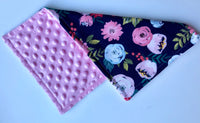 3PLY Luxe Baby Burp Cloth and Lovey  -Floral Print on Navy with Light Pink Minky Dot