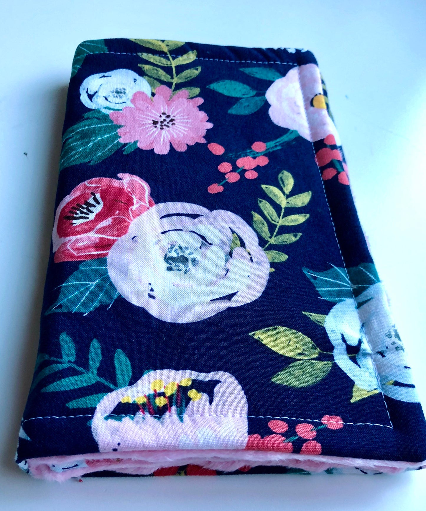 3PLY Luxe Baby Burp Cloth and Lovey  -Floral Print on Navy with Light Pink Minky Dot