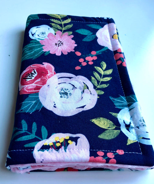 3PLY Luxe Baby Burp Cloth and Lovey  -Floral Print on Navy with Light Pink Minky Dot