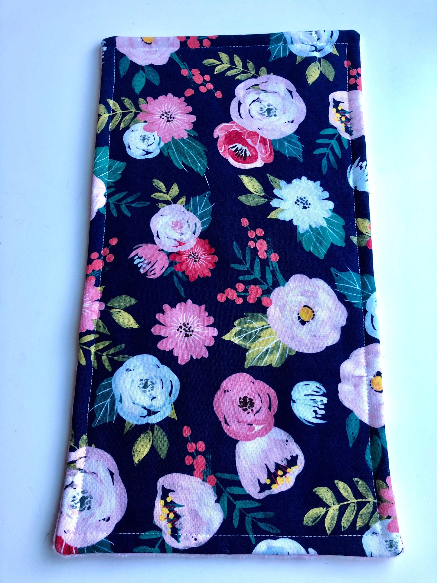 3PLY Luxe Baby Burp Cloth and Lovey  -Floral Print on Navy with Light Pink Minky Dot