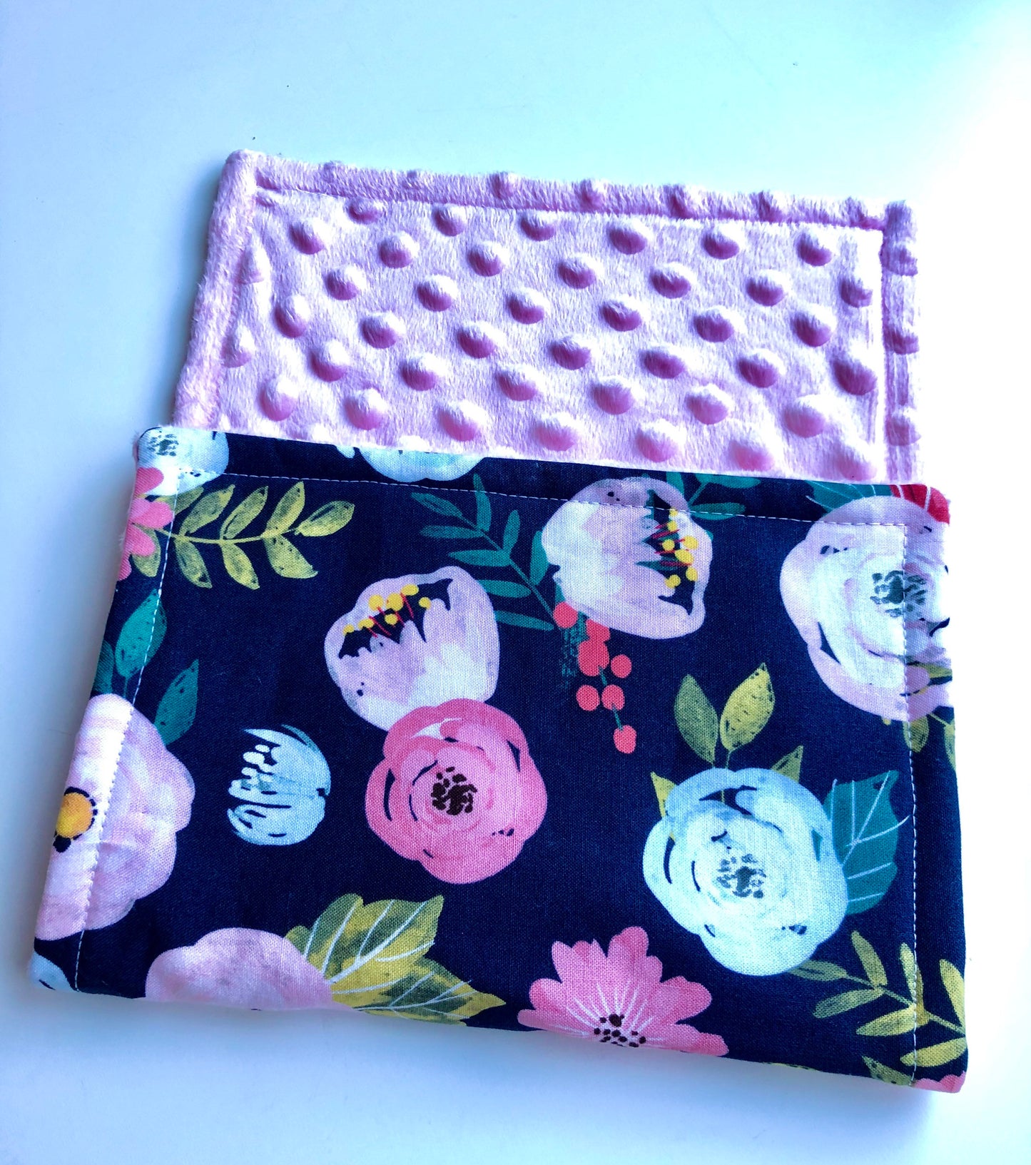 3PLY Luxe Baby Burp Cloth and Lovey  -Floral Print on Navy with Light Pink Minky Dot