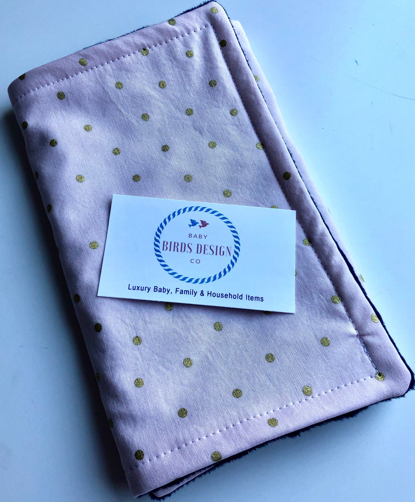 3PLY Luxe Baby Burp Cloth and Lovey  - Light Pink with Gold Dot Print with Blue Minky Dot