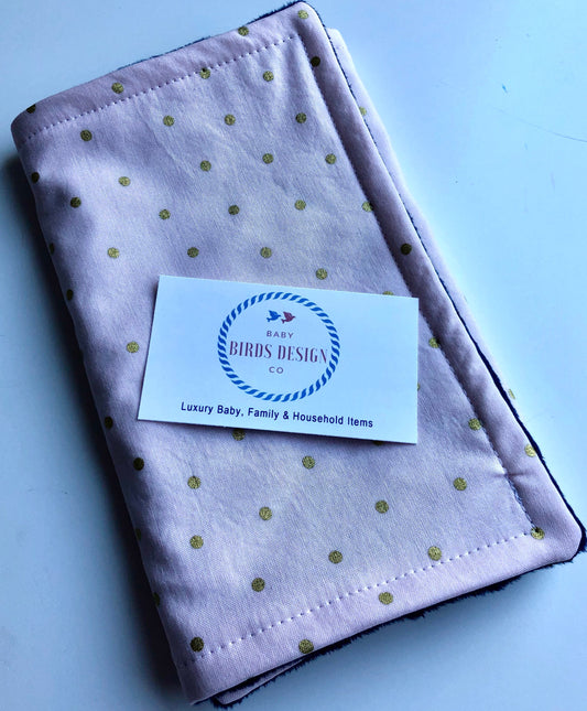 3PLY Luxe Baby Burp Cloth and Lovey  - Light Pink with Gold Dot Print with Blue Minky Dot