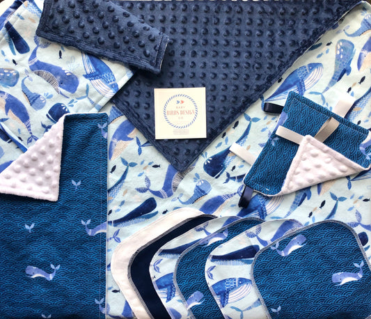 Welcome Baby Gift Set in Blue Whale Print